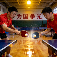 中国国家乒乓球队队员在训练中专注对练的场景